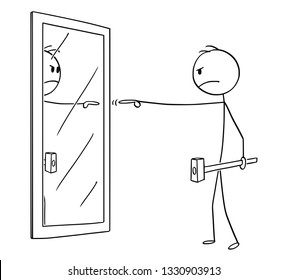 Cartoon stick figure drawing conceptual illustration of angry man with hammer pointing and blaming himself or his reflection in mirror.