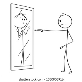 Cartoon stick figure drawing conceptual illustration of angry man pointing and blaming himself or his reflection in mirror.