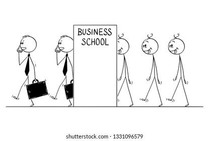 Cartoon stick figure drawing conceptual illustration of line of mad and dull men transforming in to modern businessman or gentlemen. Concept of education.