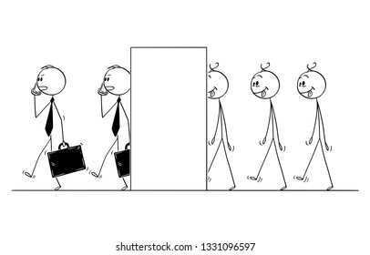 Cartoon stick figure drawing conceptual illustration of line of mad and dull men transforming in to modern businessman or gentlemen.