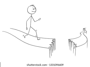 Cartoon stick figure drawing conceptual illustration of man or businessman walking on path broken by abyss. Business concept of obstacles and risk on the way.