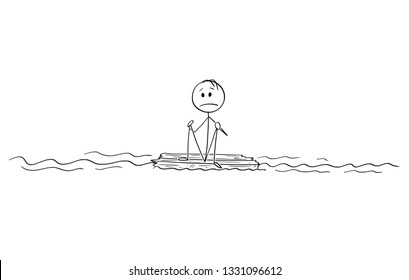 Cartoon stick figure drawing conceptual illustration of lonely man or castaway sitting lost and alone in the middle of ocean on piece of wood.