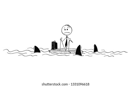Cartoon stick figure drawing conceptual illustration of lonely businessman or castaway sitting lost and alone in the middle of ocean on piece of wood surrounded by sharks.
