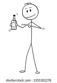 Cartoon stick figure drawing conceptual illustration of man holding bottle of alcohol and pointing at it.