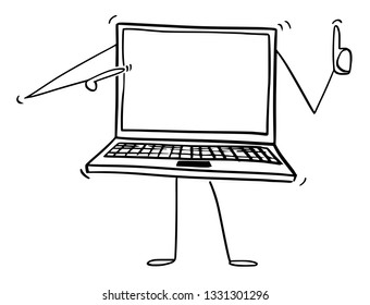 Cartoon stick figure drawing conceptual illustration of laptop or notebook computer character pointing at empty screen and showing thumb up. There is space for your text.