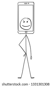 Cartoon stick figure drawing conceptual illustration of character with mobile phone display showing emoticon image as head.