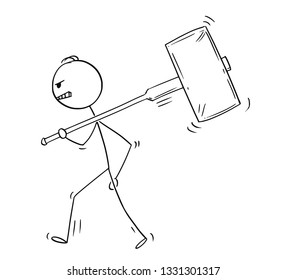 Cartoon stick figure drawing conceptual illustration of angry man or businessman walking with big hammer on his shoulder.