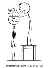 Cartoon stick figure drawing conceptual illustration of man looking in to empty head of crazy or dull businessman or politician finding no brain inside or brainless.