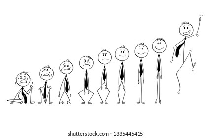 Cartoon stick figure drawing conceptual illustration of set or group of businessmen characters showing various emotions between depression and joy. Concept of investor or market sentiment.