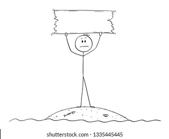 Cartoon stick figure drawing conceptual illustration of castaway man surviving alone on small island and holding empty sign.