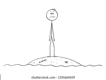 Cartoon stick figure drawing conceptual illustration of castaway man or businessman standing and surviving alone on small island.