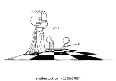 Cartoon stick figure drawing conceptual illustration of big chess king sending small pawn figure to fight or battle. Metaphor of power and dominance.