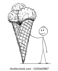 Cartoon stick figure drawing conceptual illustration of man leaning on big cone of ice cream or icecream.