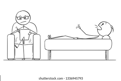 Cartoon stick figure drawing conceptual illustration of patient lying on bed and doctor sitting on armchair during psychological or psychiatric examination.