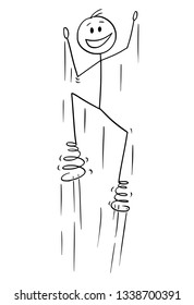 Cartoon stick figure drawing conceptual illustration of man enjoying jumping with springs on foots.