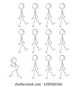 Cartoon Stick Figure Drawing Conceptual Illustration Of Man Or Businessman Individuality Standing Out Of Crowd Or Group Of Same Uniform Business People Walking Same Direction.