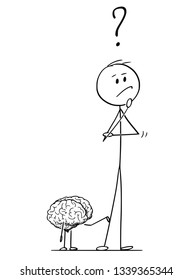 Cartoon stick figure drawing conceptual illustration of man or businessman thinking about problem or strategy. Brain is tapping on him to offer solution.