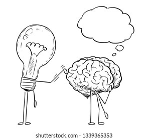 Cartoon stick figure drawing conceptual illustration of lightbulb or light bulb character tapping on back of thinking brain. Business concept of creativity and idea.