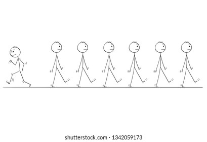 Cartoon Stick Figure Drawing Conceptual Illustration Of Man Or Businessman Individuality Standing Out Of Crowd Or Group Of Same Uniform Business People Walking Same Direction.