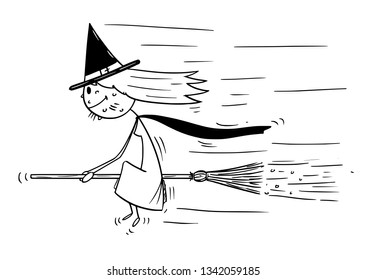 Cartoon stick figure drawing conceptual illustration of with sitting on broomstick and flying on broom.