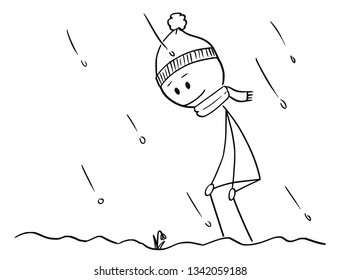 Cartoon stick figure drawing conceptual illustration of happy man who found first Spring snowdrop flower plant flowering in snow.