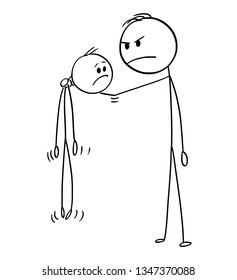 Cartoon stick figure drawing conceptual illustration of angry big and strong man holding smaller and weaker man in the air.