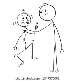 Cartoon stick figure drawing conceptual illustration of big and strong man holding smaller and weaker man's neck and strangling him and holding him in the air.