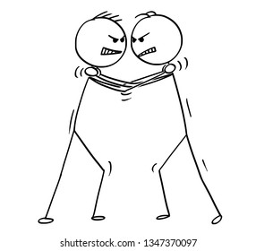 Cartoon stick figure drawing conceptual illustration of two men or businessmen holding each other's neck and strangling or throttling the opponent.