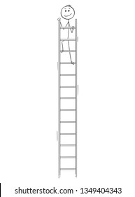 Cartoon stick figure drawing conceptual illustration of smiling happy man or businessman looking around from the top of very high ladder. Business concept of success.