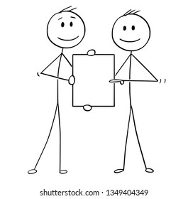 Cartoon stick figure drawing conceptual illustration of two men or businessmen holding together empty sign for your text.