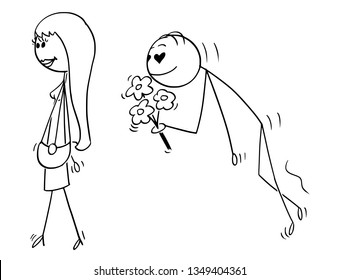 Cartoon stick figure drawing conceptual illustration of attractive beautiful young woman followed by enamoured or or amorous swain with eyes in shape of heart and holding flowers.