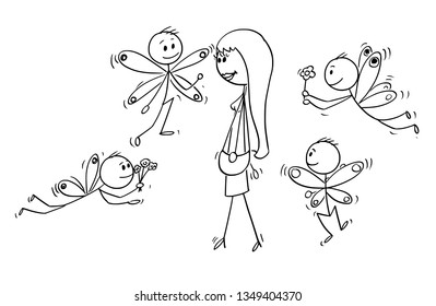 Cartoon stick figure drawing conceptual illustration of attractive beautiful young woman and group of loving swains flying around her like butterflies.
