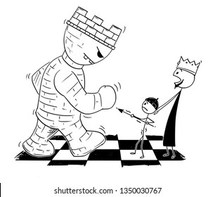 Cartoon stick figure drawing conceptual illustration of black chess king endangered by giant tower or rook and sending small pawn in to fight to defend him. Metaphor of power and responsibility.