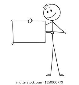 Cartoon stick figure drawing conceptual illustration of man or businessman holding empty sign and pointing at it,
