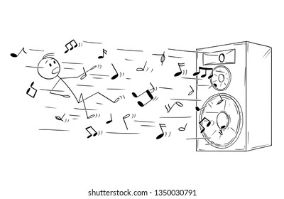 Cartoon stick figure drawing conceptual illustration of man and big loudspeaker or speaker which blow him away by loud music or sound represented by flying notes.