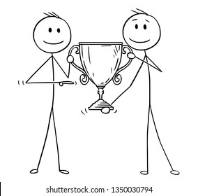 Cartoon stick figure drawing conceptual illustration of two men or businessmen holding together trophy cup for winner. Business concept of success and competition.