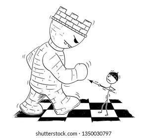 Cartoon stick figure drawing conceptual illustration of black chess game pawn endangered by giant root or tower on chessboard.