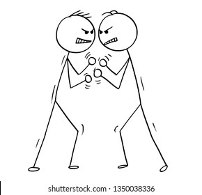 Cartoon stick figure drawing conceptual illustration of two men or businessmen fighting, boxing or brawling with fists ready to punch.