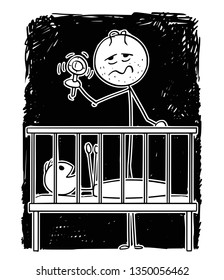 Cartoon Stick Figure Drawing Conceptual Illustration Of Dead Tired Parent Or Father Entertaining Baby In Cot In Night With Rattle.