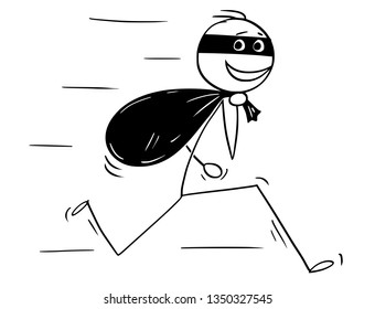 Cartoon stick figure drawing conceptual illustration of smiling thief running with bag of loot.