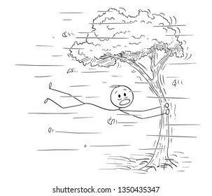 Cartoon Stick Figure Drawing Conceptual Illustration Of Man Holding Tree Trunk And Flying In Wind Or Windstorm.