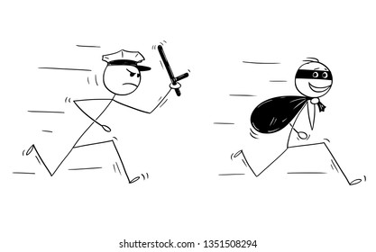 Cartoon stick figure drawing conceptual illustration of smiling thief running with bag of loot and policemen chasing him.