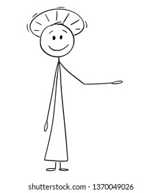 Cartoon stick figure drawing conceptual illustration of holy man or priest with halo around head is offering, showing or pointing at something.