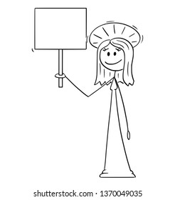 Cartoon stick figure drawing conceptual illustration of holy woman with halo around head holding empty sign.