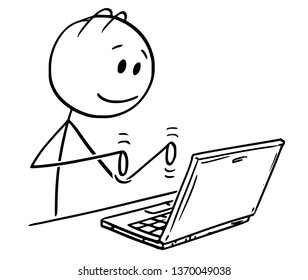 Cartoon stick figure drawing conceptual illustration of smiling man working and typing on laptop computer.