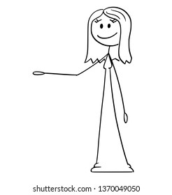 Cartoon stick figure drawing conceptual illustration of smiling woman in ling dress or gown offering, showing or pointing at something.