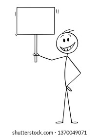 Cartoon stick figure drawing conceptual illustration of happy smiling man holding empty sign ready for your text.