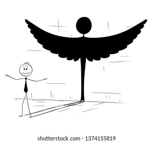 Cartoon stick figure drawing conceptual illustration of good businessman or politician casting shadow in shape of angel.