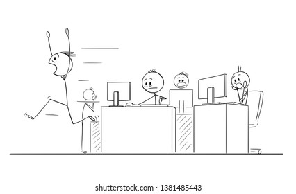 Cartoon stick figure drawing conceptual illustration of group of crazy businessmen or office workers in panic because of crisis or something they see in computers.