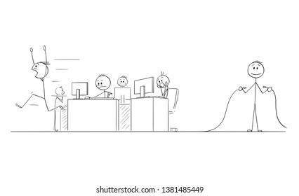 Cartoon stick figure drawing conceptual illustration of group of crazy businessmen or office workers in panic, another man is holding unplugged Internet network or electric power cable.